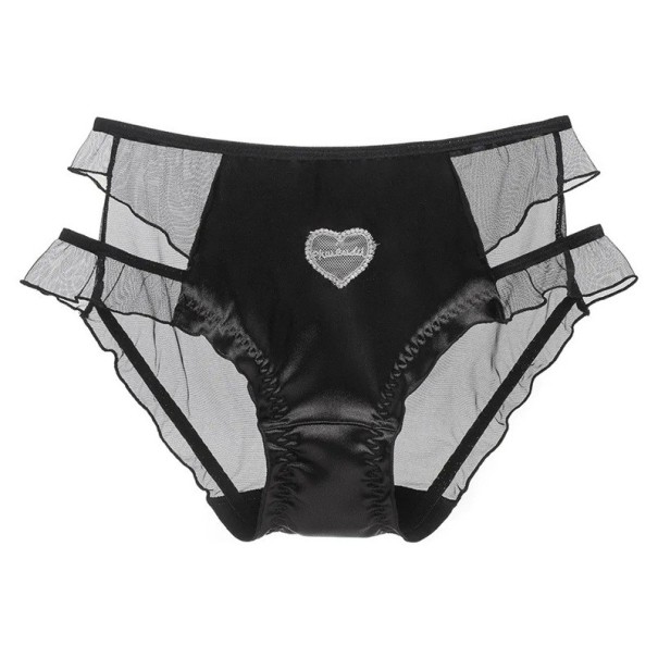 Panties de red para mujer con bordado de corazones y lados transparentes con volantes en color negro, lencería sexy para uso diario XS
