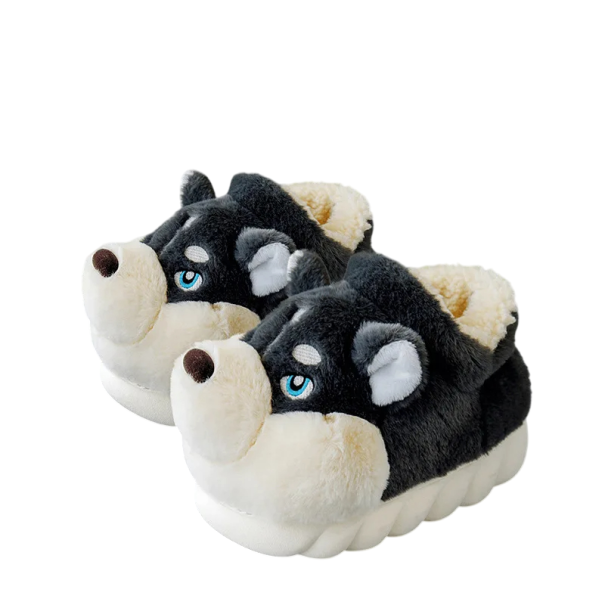 Pantoufles en peluche en forme de chien husky avec doublure Pantoufles d'hiver chaudes et douces Pantoufles de chien mignon Semelle antidérapante Chaussures douces noir 42-43
