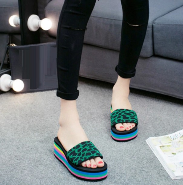 Pantufas de leopardo para senhora com plataforma verde 36