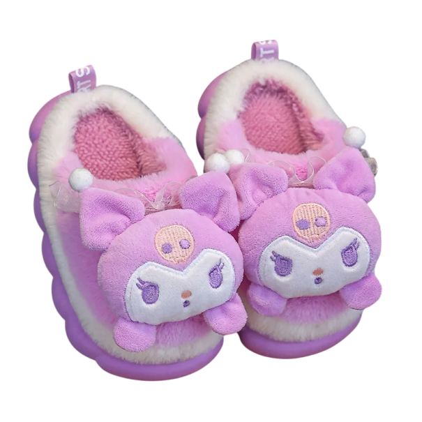 Pantufas roxas quentes com personagem de peluche Estilo kawaii Pantufas baixas macias Calçado doméstico adorável Conforto de inverno para raparigas e mulheres 40-41