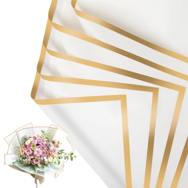 Papel de embrulho à prova de água para flores 58 x 58 cm 10 folhas Borda dourada Papel floral elegante Embalagem decorativa para flores branco