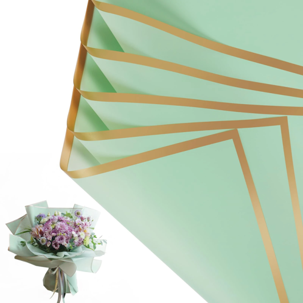 Papel de regalo de flores impermeable 58 x 58 cm 10 hojas Borde dorado Elegante papel de floristería Envoltura de flores decorativa verde claro