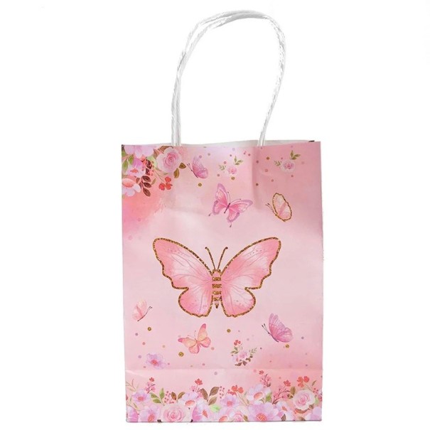 Papiergeschenktüten Schmetterling und Blumen Set 10 Stück Papiertragetaschen Rosa mit Schnurgriffen für kleine Geschenke zu Feiern und Geburtstagen 1