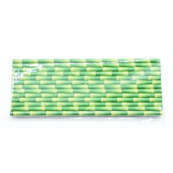 Papierová slamky s bambusovým motívom 25 ks zelená