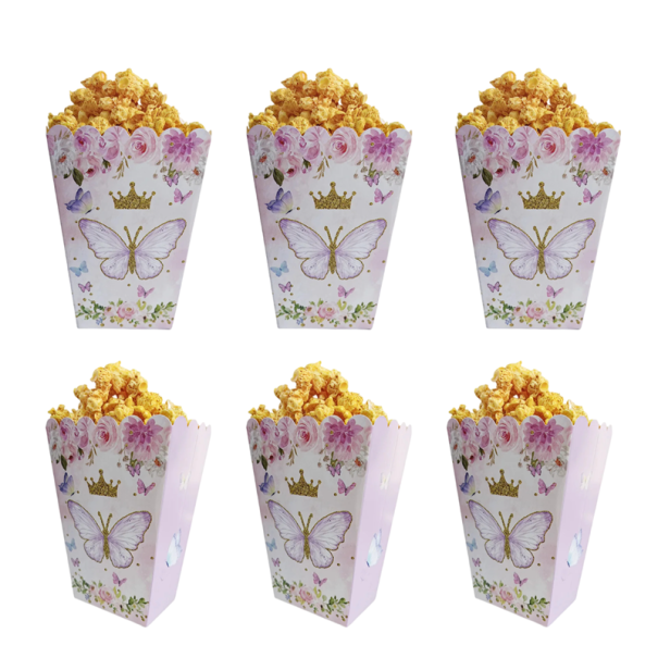 Papierové krabičky na popcorn motýľ a koruna sada 6 ks 13 × 6,3 × 4,5 cm papierové boxy bielo ružová dekorácia na popcorn pre oslavy 1