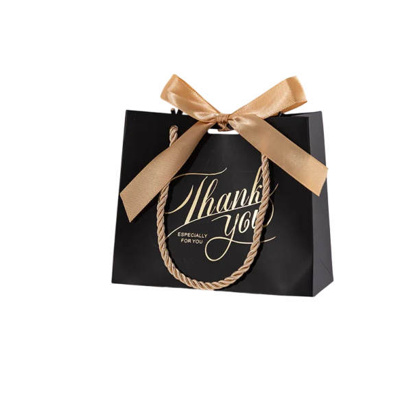 Papírová dárková taška s nápisem děkuji ti a barevnou mašlí 10,5x8,3x7,2 cm provázkové ucho balení dárků černá