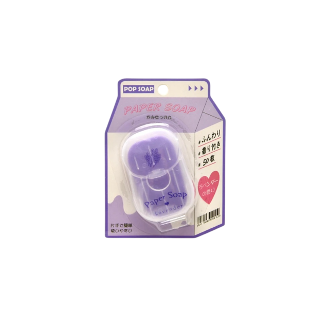 Papírové mýdlo POP SOAP cestovní mýdlové lístky 50 ks pouzdro 6 x 4 cm pěnivé rozpustné ve vodě bez alkoholu na mytí rukou na cesty Lavender