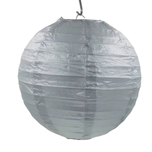 Papírový kulatý lampion závěsná dekorace 15 cm z papíru s drátěnou konstrukcí na oslavy narozeniny svatby a party výzdoba do interiéru stříbrná