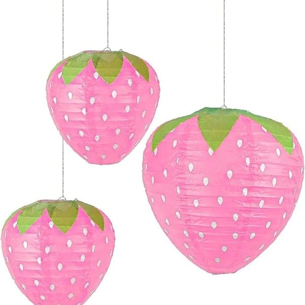 Papírový lampion ve tvaru jahody set 3 ks 20 cm závěsná ovocná dekorace na dětskou párty narozeniny letní oslavu domácí výzdobu růžová