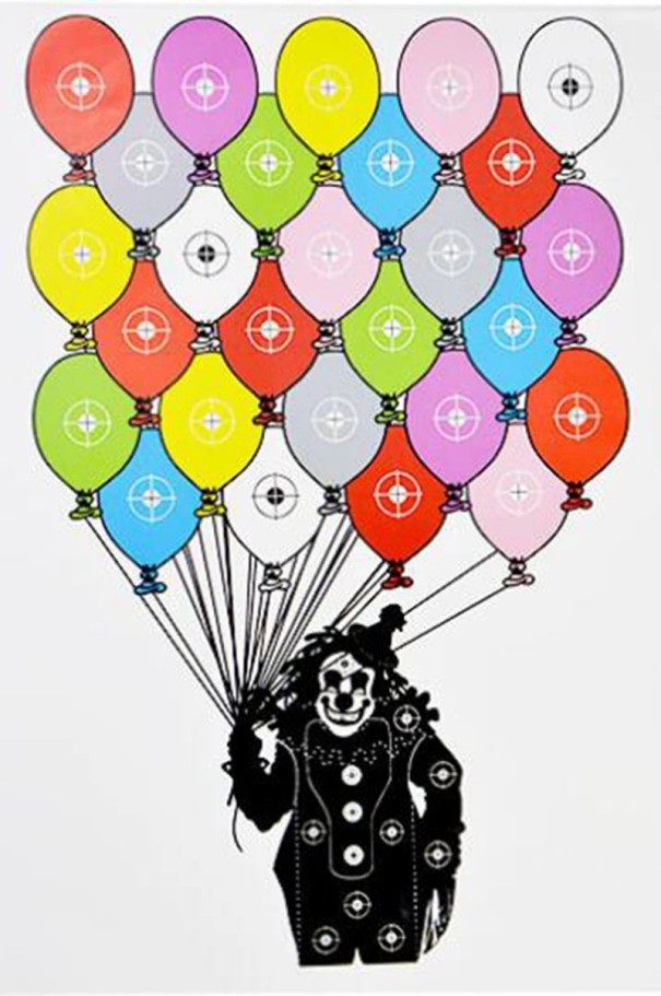 Pappersmål 45 x 32 cm Silhuett av clown med färgglada ballonger Poängsatta träffzoner Träning av precision och skjutskicklighet 1