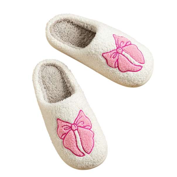 Papuci blani cu fundita roz Papuci moi de dama Papuci de casa confortabili Pantofi caldi de iarna Pantofi eleganti si moi pentru casa 39-40