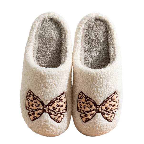 Papuci cu blană cu fundă și imprimeu leopard Papuci moale pentru casă Papuci confortabili pentru femei Pantofi caldi pentru acasă Pantofi eleganti de iarnă 37-38