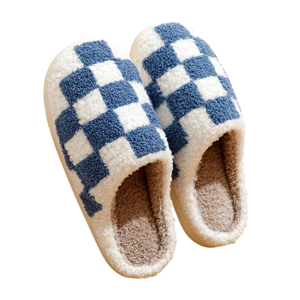 Papuci de casă cu blană, cu model retro în carouri, papuci moale și calduri, cu tălpi anti-alunecare Papuci eleganti pentru iarnă și toamnă albastru 37-38