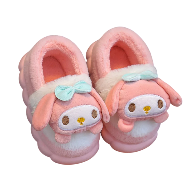 Papuci roz cald cu iepuraș de pluș și fundă Papuci de casă înalți în stil kawaii cu talpă moale Papuci drăguți de iarnă