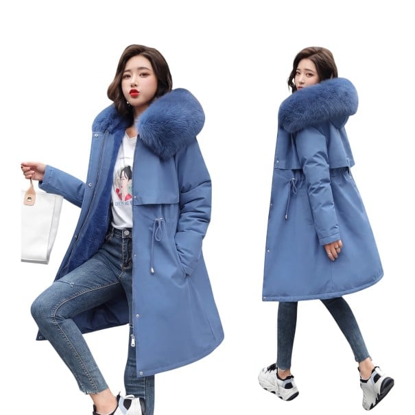 Parka larga de invierno para mujer con capucha y piel sintética con forro de felpa y ajuste en la cintura con cremallera y bolsillos azul XL