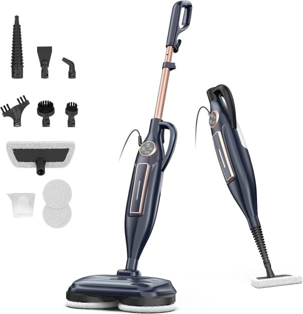 Parný mop 10 v 1 Rotačné podložky 1300 W Odnímateľný ručný parný čistič Sada nadstavcov Tmavo modrý Na dlažbu drevo aj spáry v kúpeľni 1