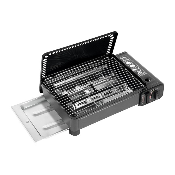 Parrilla de gas portátil para cartucho de butano 41,5 x 28 x 11 cm Bandeja de goteo y presión 0,25 a 0,3 MPa Negra Para camping y viajes 1