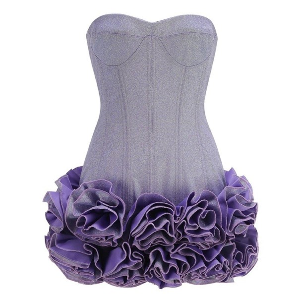 Party-Minikleid mit trägerlosem Korsett-Oberteil und Schnürdetails. Mehrlagiger Rüschenrock für einen mutigen, festlichen Look. lila M