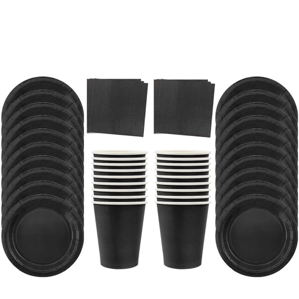 Party set jednorázové nádobí 50 ks talíře 17,8 cm a 22,9 cm kelímky ubrousky čierna sada pre narodeninovú oslavu party stolovanie 1