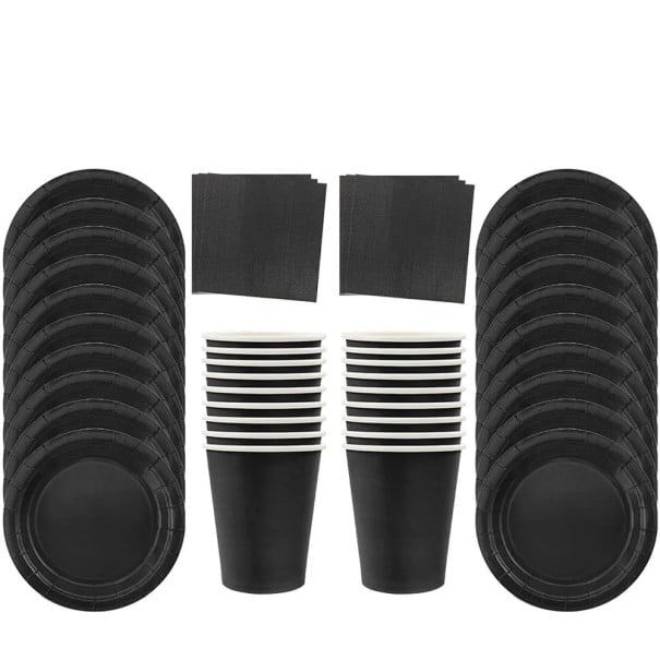 Party set jednorázové nádobí 50 ks taniere 17,8 cm a 22,9 cm kelímky obrúsky čierna sada pre narodeninovú oslavu party stolovanie 1