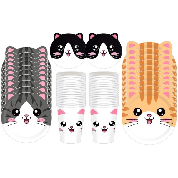Party set Katt 50 st Tallrikar 17,8 och 22,9 cm i kattform Muggar med kattansikte Servetter katt huvud Engångssats 1