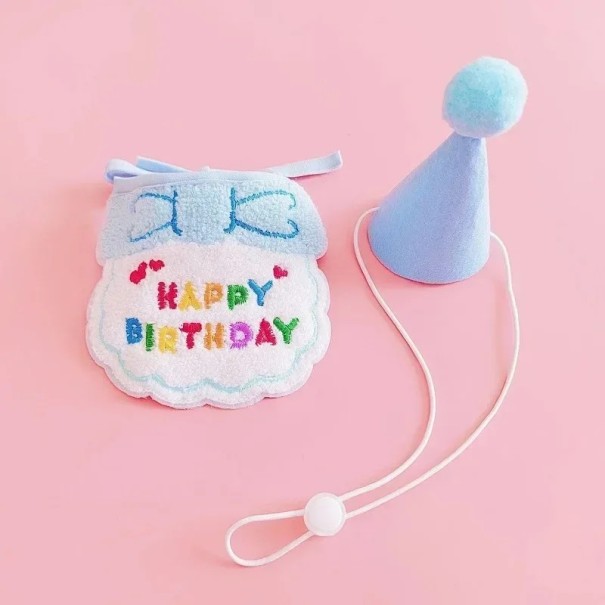Partydragt til hunde og katte med hat og broderi Happy Birthday Fødselsdagskostume blå