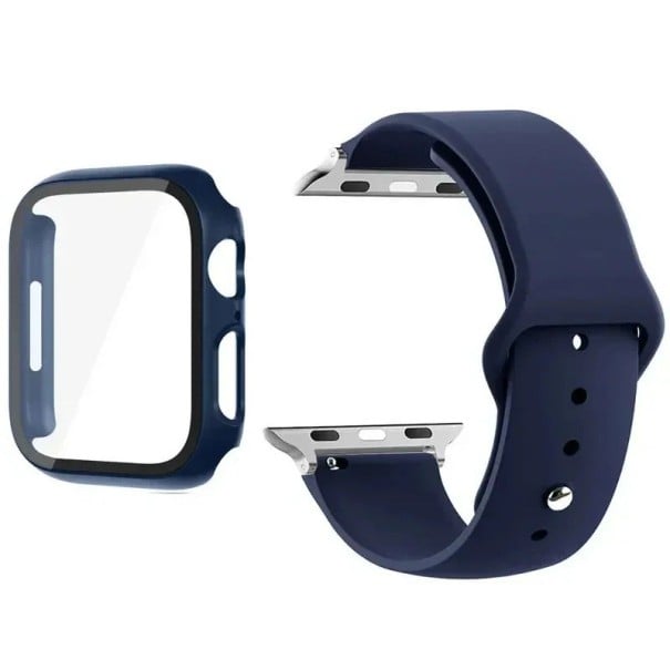 Pasek z osłoną ramki i szkłem hartowanym 9H do Apple Watch Ultra 49 mm Series Ultra 1/2 – matowa obudowa zegarka i szkło na wyświetlacz granatowy