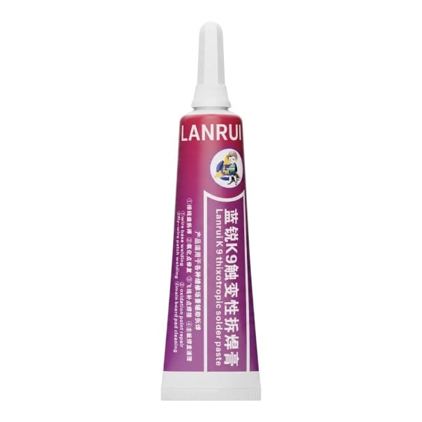 Pasta de desoldagem Lanrui K9 15 ml Tixotrópica Ponto de fusão 161 °C Ponta de agulha Tubo roxo Para desmontagem de componentes e reparação de placas 1