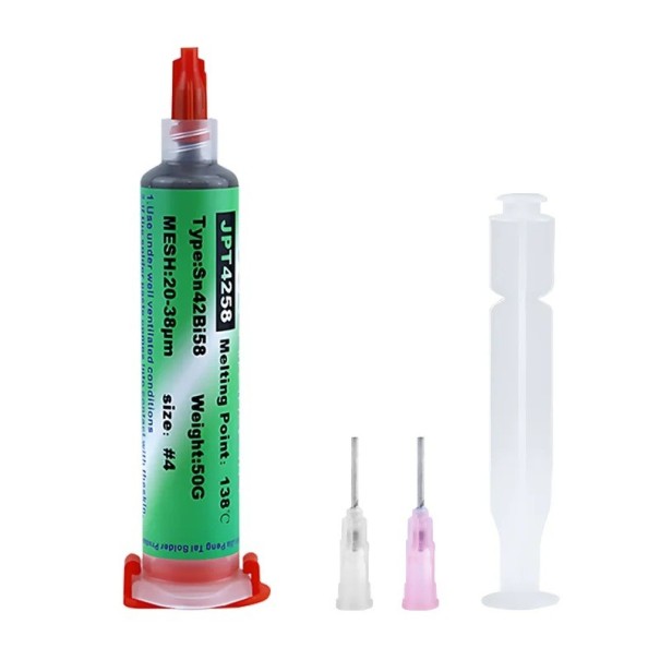 Pasta de soldadura Sn42Bi58, jeringa de 50 g, dispensada sin plomo con alta concentración de colofonia para reparaciones de electrónica doméstica IC BGA PCB SMT 1