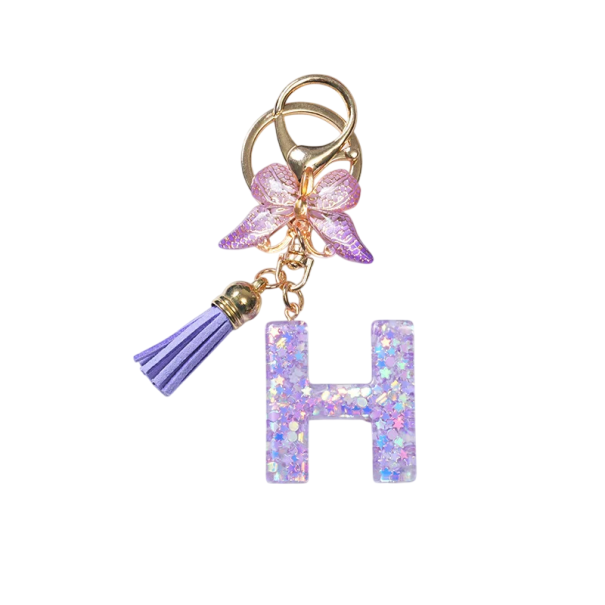 Pătrățel pentru chei 4 cm Clema din rășină Inițiale violet și fluture Ornament decorativ pentru geantă rucsac Cadou pentru femei H