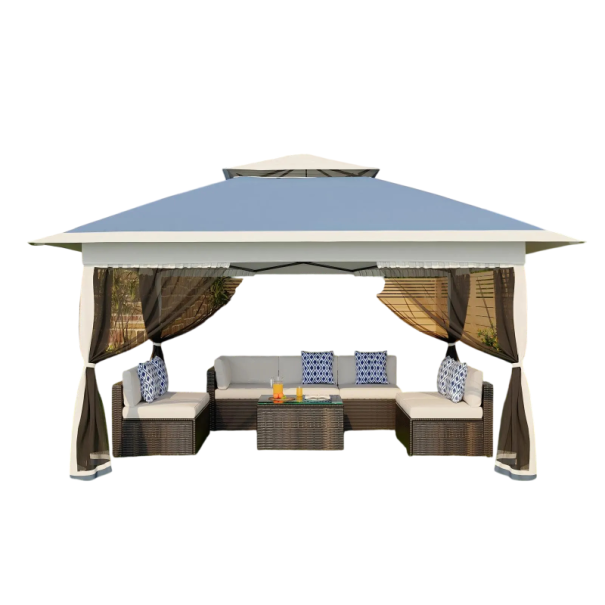 Pavilion de grădină cu plasă împotriva insectelor, cort de petrecere impermeabil 3 m, acoperiș dublu, înălțime ajustabilă 2,4-2,6 m pentru terasă, grădină și evenimente albastru inchis