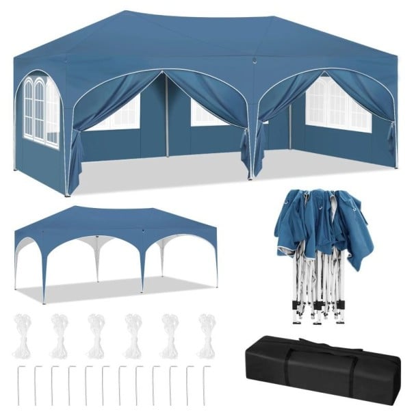 Pavilion pliabil pentru grădină cort de petrecere 3 x 6 m cu 6 pereți laterali impermeabili cu protecție UV înălțime ajustabilă pentru grădină și evenimente în aer liber albastru