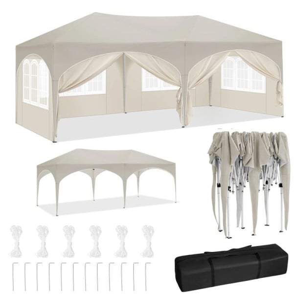 Pavilion pliabil pentru grădină cort de petrecere 3 x 6 m cu 6 pereți laterali impermeabili cu protecție UV înălțime ajustabilă pentru grădină și evenimente în aer liber bej