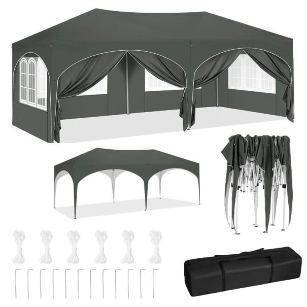 Pavilion pliabil pentru grădină cort de petrecere 3 x 6 m cu 6 pereți laterali impermeabili cu protecție UV înălțime ajustabilă pentru grădină și evenimente în aer liber gri
