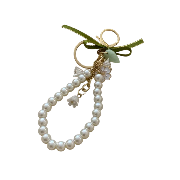 Pearl Effect Keyring Pendant 16 x 3 cm Plastic Orchid and Bell Elegant Handbag Backpack Fashion Accessory Gift 1