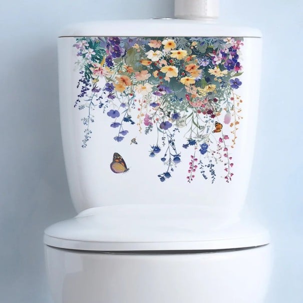 Pegatina decorativa para el tanque del inodoro 29 x 25 cm Motivo de flores, hojas y mariposa pegatina para el inodoro Aplicación fácil Decoración 1