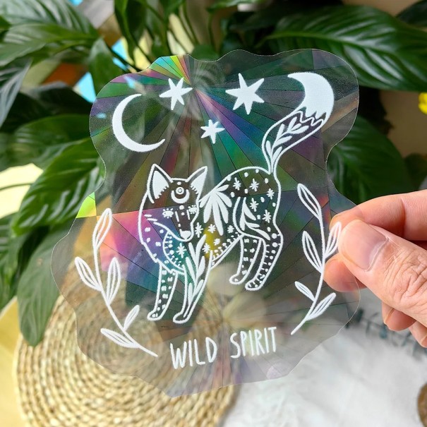 Pegatina para ventana PVC Atrapa rayos de sol arcoíris motivo zorro Película decorativa para ventana con efecto de luz colorido 1