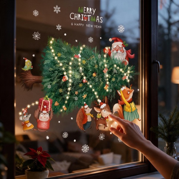 Pegatinas navideñas para ventana reutilizables Animales llevando un árbol de Navidad Santa con un zorro y un reno Verde Decoración para escaparate 1