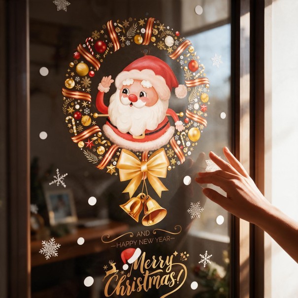 Pegatinas navideñas para ventana Reutilizables Santa Claus en corona con campanitas Inscripción Merry Christmas Roja y dorada Decoración 1