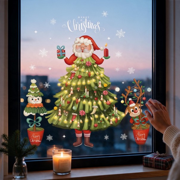Pegatinas navideñas para ventana reutilizables Santa disfrazado de árbol de Navidad, muñeco de nieve y reno en maceta, decoración verde para cristal 1