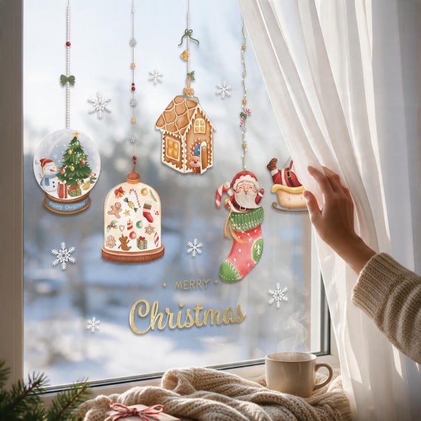 Pegatinas navideñas para ventanas Adornos colgantes Peso de nieve Casa de jengibre y Santa Inscripción dorada Merry Christmas y copos de nieve 1