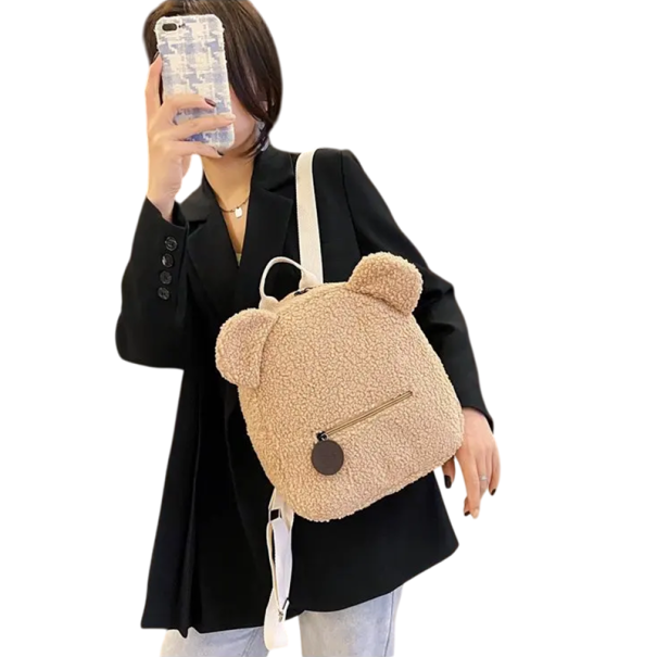 Pehmoinen minireppu 27 x 28 x 13 cm karhunkorvilla Edessä vetoketjullinen tasku Pehmeää pehmomateriaalia Lasten reppu Söpö asuste beige