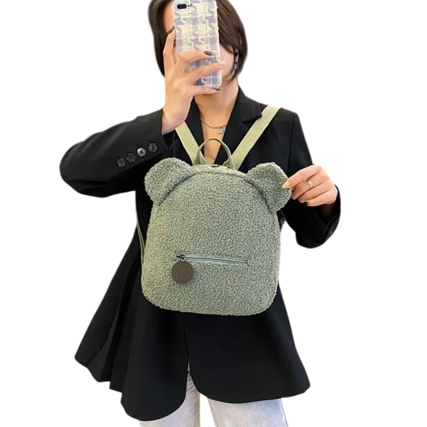 Pehmoinen minireppu 27 x 28 x 13 cm karhunkorvilla Edessä vetoketjullinen tasku Pehmeää pehmomateriaalia Lasten reppu Söpö asuste vihreä