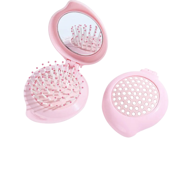 Peigne de voyage pliable avec miroir 8 x 7 x 3 cm Peigne à pression en forme de goutte avec des dents rondes Brosse de coiffage massante pour sac à main rose