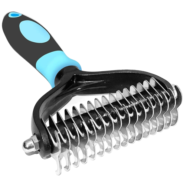 Peine de corte de acero inoxidable para perros grandes Peine desenredante de doble cara Peine de aseo para perros 17,3 x 9 cm azul