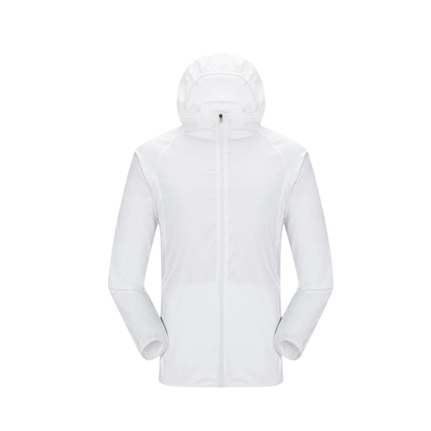 Pelerină unisex ușoară cu glugă și închidere cu fermoar din poliester și spandex pentru protecție împotriva ploii și purtare alb M