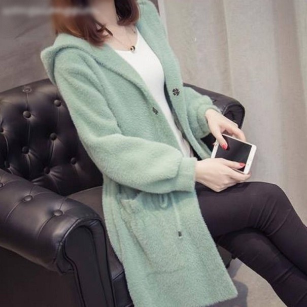 Pelziger Damen-Cardigan mit Kapuze hellgrün XL