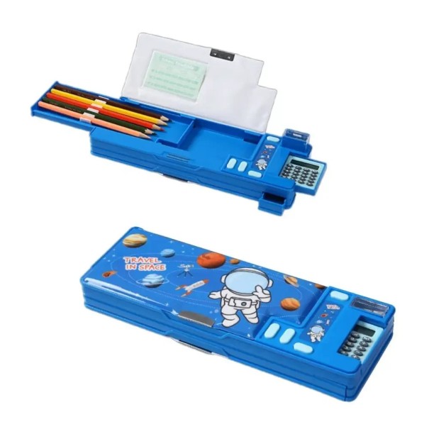 Penar albastru cu două straturi, cu astronaut și calculator, cutie de pixuri din plastic cu ascuțitoare, organizator de papetărie spațială 26x9,5x3,5 cm 1