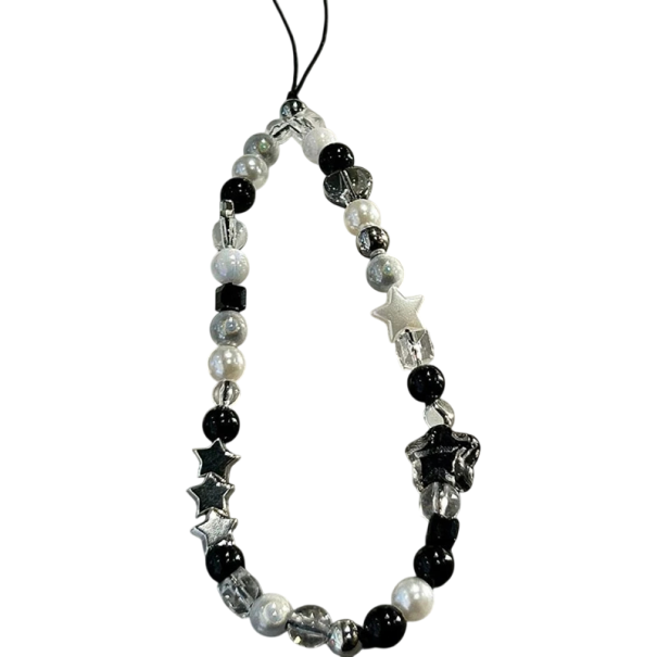 Pendente de contas para telefone com estrelas preto e branco Corrente para telemóvel cordão para telefone decoração para mochila mala câmera 1