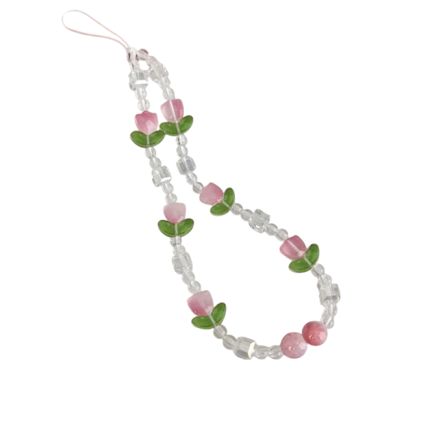 Pendente de contas para telefone com flores rosas e folhas verdes Cadeia para telemóvel cordão para telefone decoração para mochila câmara 1